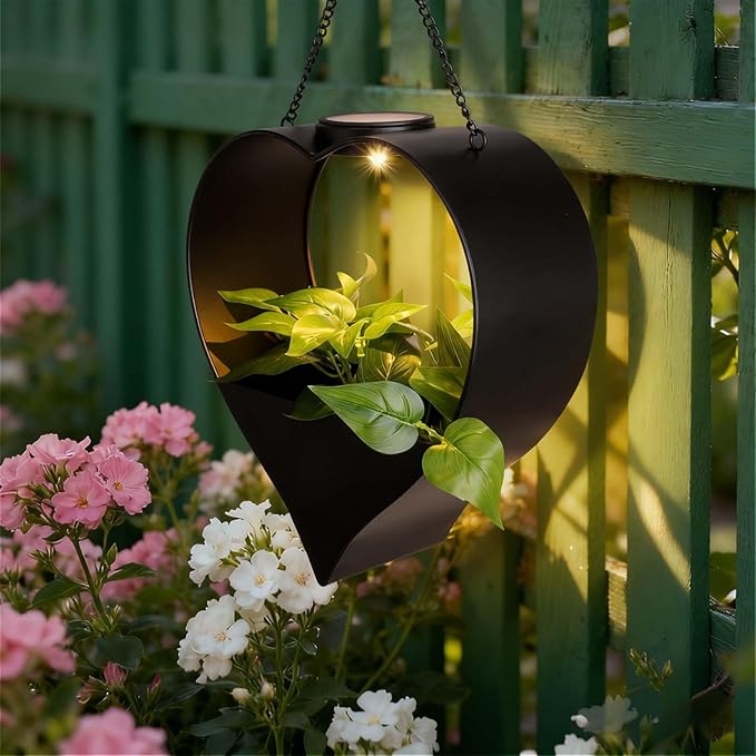Hanging Planter with Auto-On/Off Solar Lights, Metal Heart Shaped Flower Pot for Home Garden, Patio, Porch, Balcony, Outdoor Decro, Unique Birthday Gifts for Women, Mom, Wife, Gardeners (Black)