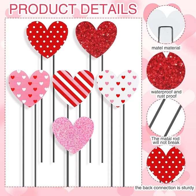 Pickmesh 6 Pcs 12" H Valentine's Day Metal Yard Sign Heart Valentine Metal Yard Stakes Barn Garden Stake for Planter Pot Walkway Pathway Outdoor Decor Lawn Decoration