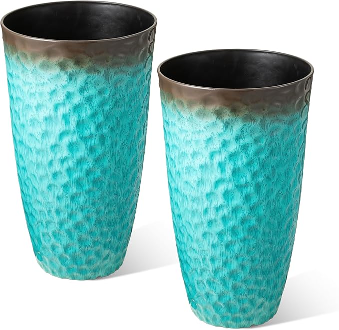 Glitzhome 23.75" H Large Planters for Outdoor Plants,Set of 2 Plastic Tall Outdoor Planters with Drainage Holes,Honeycomb Textured Gradient Turquoise Finish, Large Flower Pots for Front Porch Indoor