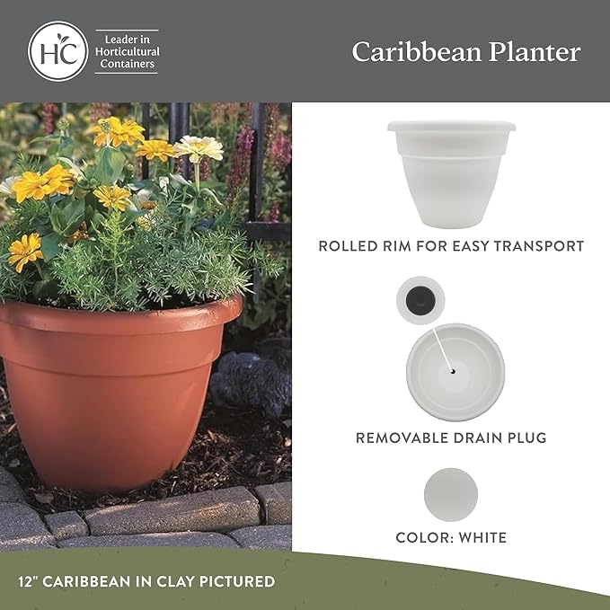 The HC Companies Caribbean Planter Pot - Outdoor & Indoor Plant Pot with Drainage Hole & Plug - Rolled Rim Plastic Pots for Plants & Flowers - Decorative Plant Pot (12" White, Pack of 1)
