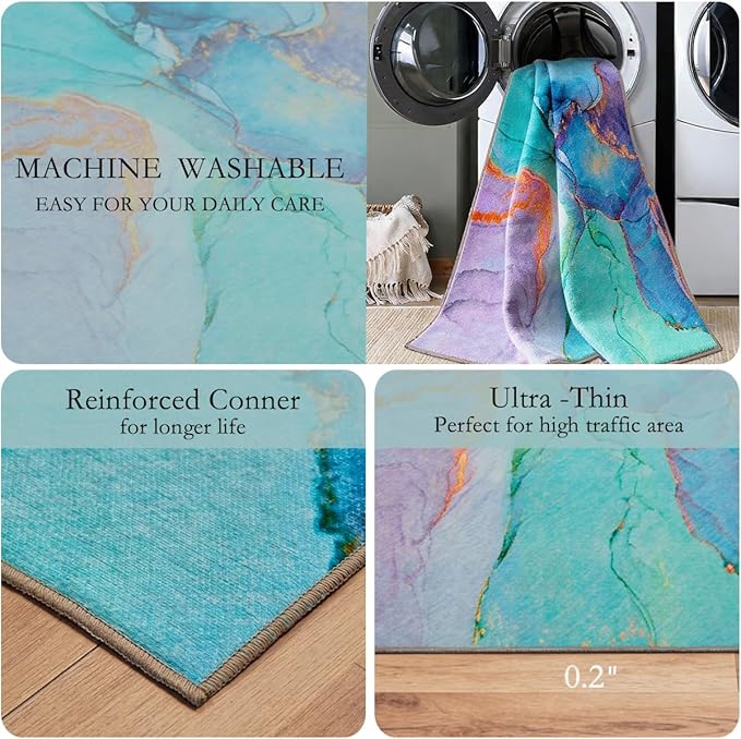Abstract Washable Indoor Outdoor Rug, 8' x 10', Teal, Stain Resistant, Easy Clean, Modern Marble Abstract Teal Rug for Indoor/Outdoor Patio, Deck, Porch, Garden, Courtyard