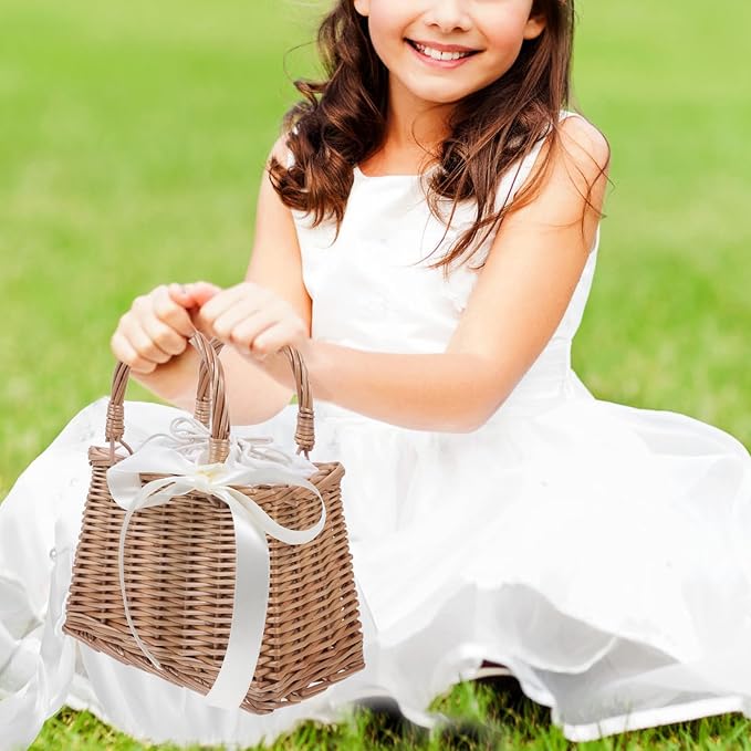 Baluue Rattan Woven Small Bag with Handle Decorative Flower Basket for Wedding Home and Garden Storage Portable Lightweight Wicker Purse 10.82X9.05X5.11 Inches