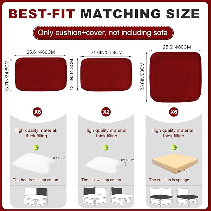 Patio Sectional Cushions, 14-Piece Replacement Cushions for Outdoor Furniture, Water-Resistant Outdoor Sofa Cushion for 6-Seat Rattan Wicker Sectional Conversation Sets (Red)