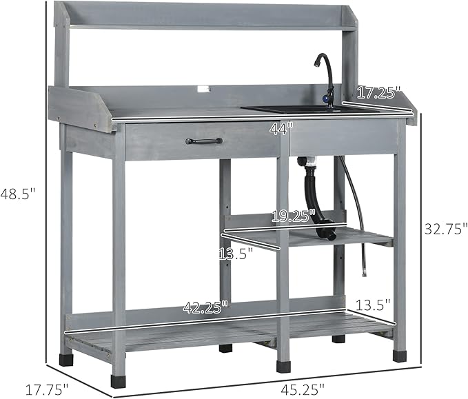 Outsunny Potting Bench Table, Outdoor Garden Table Wooden Work Station with Removable Sink, Faucet, Drawer, Shelves, Hooks, Gray