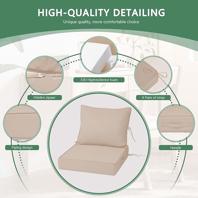 Outdoor Chair Cushions 3 Set,24 x 24 x 5IN, Patio Deep Seat Cushion for Patio Furniture, Waterproof & Fade Resistant Thick Deep Seating Pads for Outside Wicker Ratten Chair Sofa Couch,Khaki