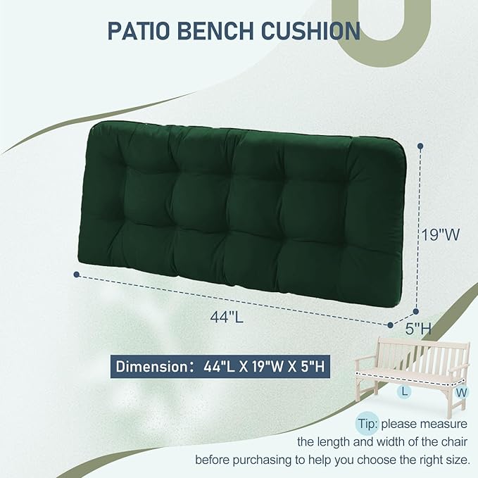 downluxe Outdoor Bench Cushion for Patio Furniture, Water Resistant Tufted Overstuffed Porch Swing Cushions, Thick Outdoor Loveseat Cushions, 44" X 19" X 5", Forest Green, Set of 1