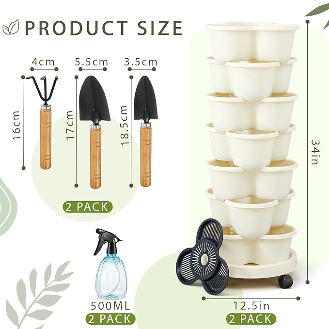 Umigy 2 Set of 7 Tier Stackable Vertical Planters with Removable Wheels and Tools Tower Planters Strawberry Herb Flower Vegetable Pots Indoor Outdoor Gardening Pots(Ivory)