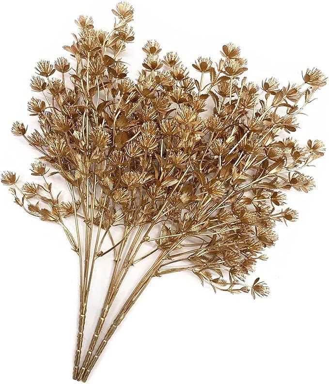 Artificial Christmas Flowers, Golden Baby Breath Gypsophila Plastic Plant Fake Plants for Wedding Bridal Bouquet Party Indoor Home Office Table Centerpieces Arrangements DIY Decoration - Gold 4 Pack