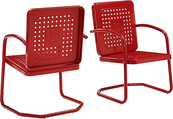 Crosley Furniture Bates 2-Piece Outdoor Chair Set, Retro Metal Patio Chairs for Dining, Porch, Deck, Balcony, Bright Red Gloss