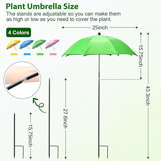 Garden Umbrellas for Plants, 4 Pack Plant Umbrellas for Outdoor Plants, 25" Large Plant Shade Umbrella with Stake for Potted Plants, Adjustable Angle 43.3" Height Plant Sun Shade Cover UV Protection