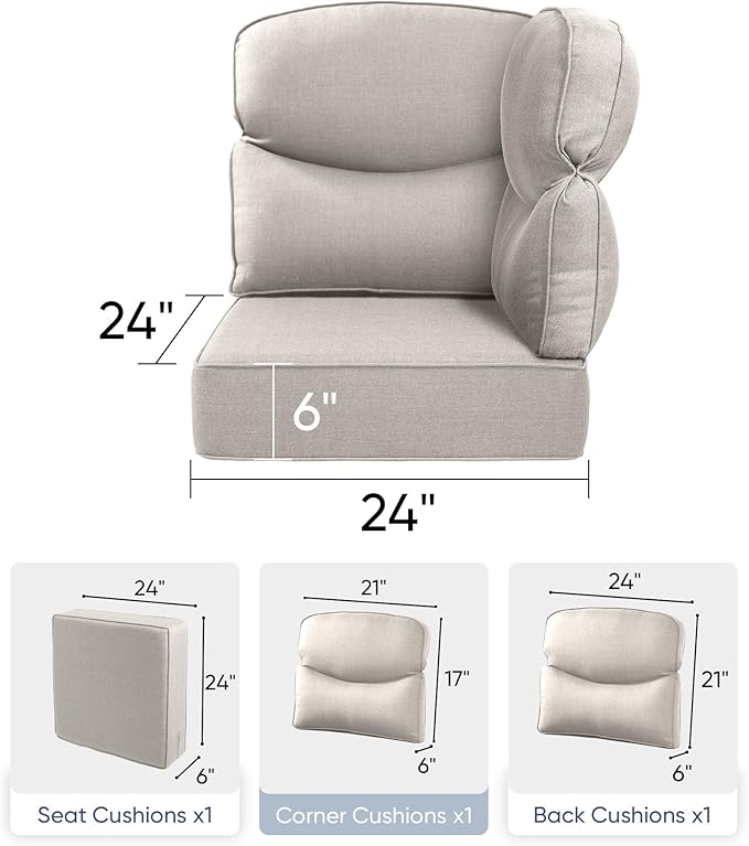 Luxury 24x24x6 Outdoor Corner Cushion 1 Set - Water-Repellent 3-Piece Cushion Set with Zipper for Outside Rattan Wicker Sofa Loveseat Chair Sectional Patio Conversation Sets - Beige/Smile