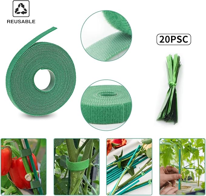 30Pcs 16 Inch Green Bamboo Garden Stakes, Wooden Plant Support Sticks with Garden Ties and Nylon Plant Tie Strap
