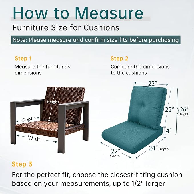 Belord Luxury 4" Thick Outdoor Cushion 5 Set - 22 x24 Inch 28D Sponge Filling Fade-Resistant Chair Cushion, Spill Proof Removable Patio Furniture Replacement Cushions for Sofa Bench - Peacock Blue