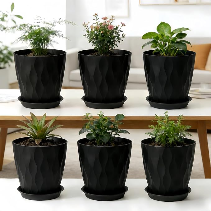 Plant Pots 8 Inch, 6 Pack Plastic Flower Pots for Indoor & Outdoor Plants, Planters with Drainage Holes and Saucer, Garden Pot for Plants(Black)
