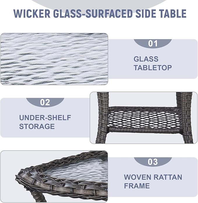 Patio Side Table Glass Wicker Table Outdoor PE Rattan Side Table with Storage Shelf Weather Resistant Square Sidetable for Patio Garden Poolside Deck Balcony Porch Yard, Brown