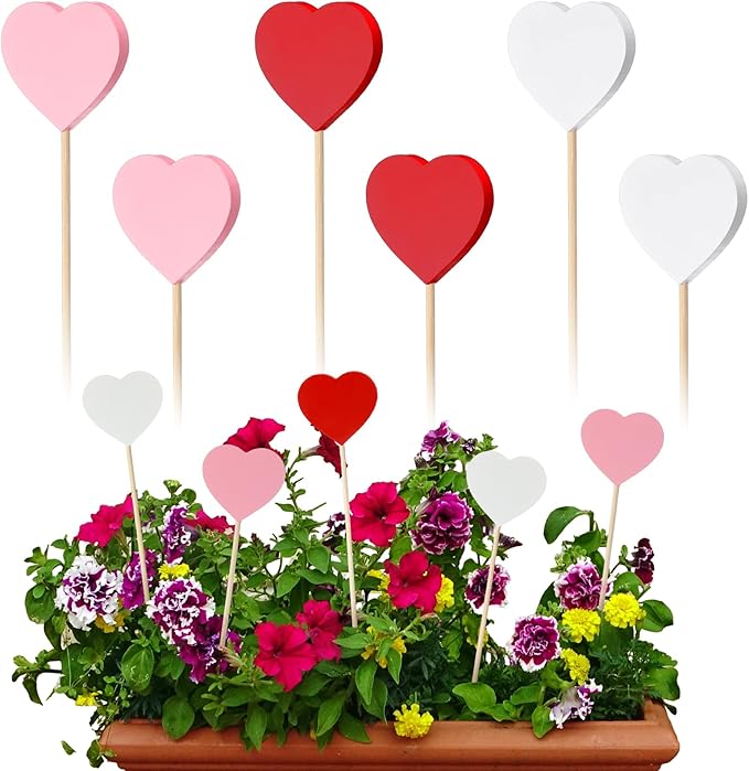 6 Pcs Wooden Valentine's Day Heart Garden Stakes Yard Decoration Heart Planter Stakes Sign Outdoor Decor Stick Lawn Garden Home Yard Decor for Valentine's Anniversary Wedding