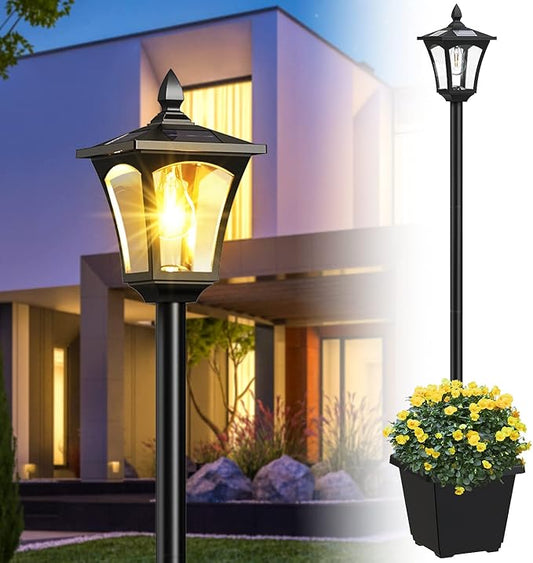 64 Inch Solar Lamp Post Light with Planter, 60 High Lumens Street Light, Solar Post Lights Waterproof for Garden, Pathway, Lawn, Driveway, Front Back Door Outdoor Pole Lamp（Warm）