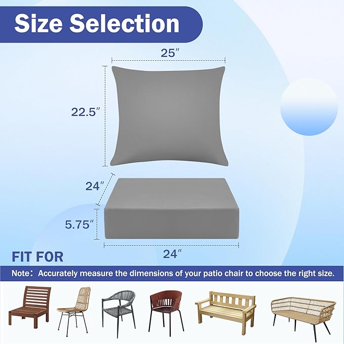 Outdoor Seat Cushion Set, Waterproof & Fade Resistant Patio Chair Cushions, Outdoors Cushion for Patio Furniture, 24 x 24 x 5.75 Inch, Outdoor Couch Cushions with Handle and Ties, Grey