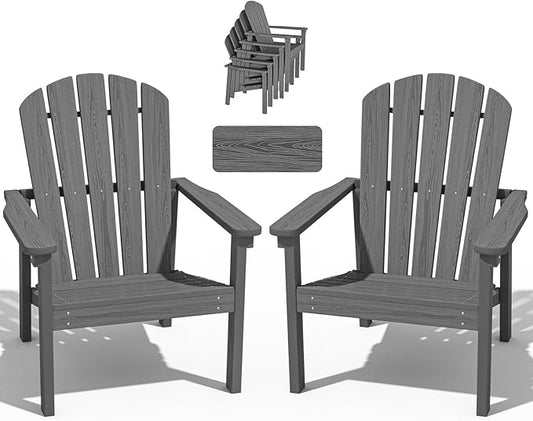 nevilywood Compact Stackable Adirondack Chairs Set of 2, 26.3" Wide HDPE Outdoor Patio Chairs - Durable, Space-Saving Design for Porch, Lawn or Garden, Grey