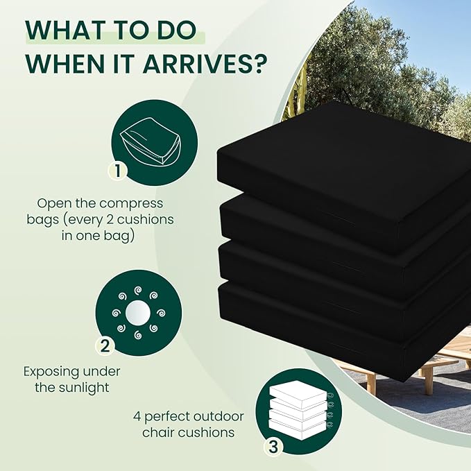 HARBOREST Outdoor Chair Cushions Set of 4, Water Resistant Patio Chair Cushions with Ties, Square Corner Outdoor Seat Cushions for Patio Furniture, 18.5"x16"x3", Black