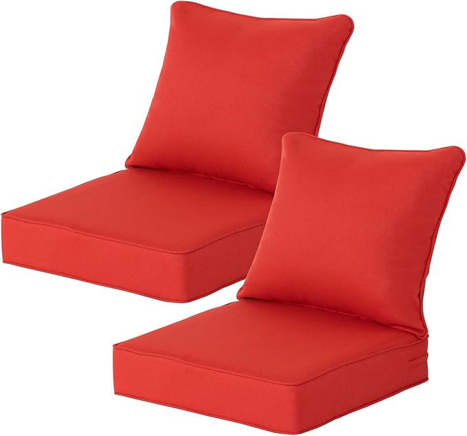 24x24 Inch Outdoor Deep Seat Cushions Set of 2,Thick High-Density Foam, Water-Resistant, Piped Edges & YKK Hidden Zipper for Patio Furniture,Red