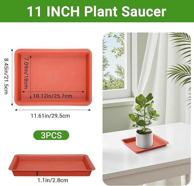 GREANER 11 Inch Red Plant Saucer, 3 Packs Plastic Plant Trays for Pots, Plant Water Catcher Tray for Indoors Outdoor, Flower Planter