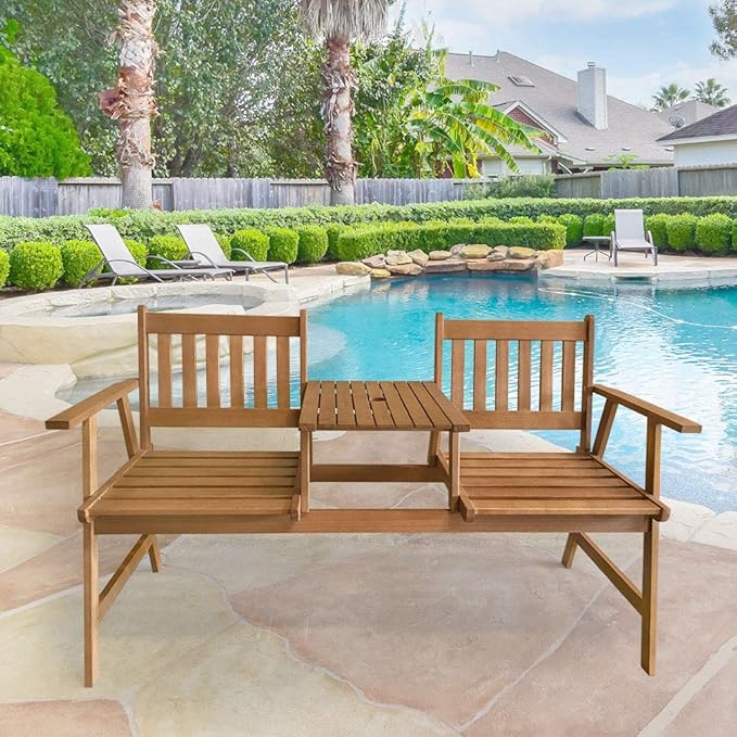 FDW Outdoor Patio Bench Wood Garden Bench Park Bench Acacia Wood with Table for Pool Beach Backyard Balcony Porch Deck Garden Wooden Furniture