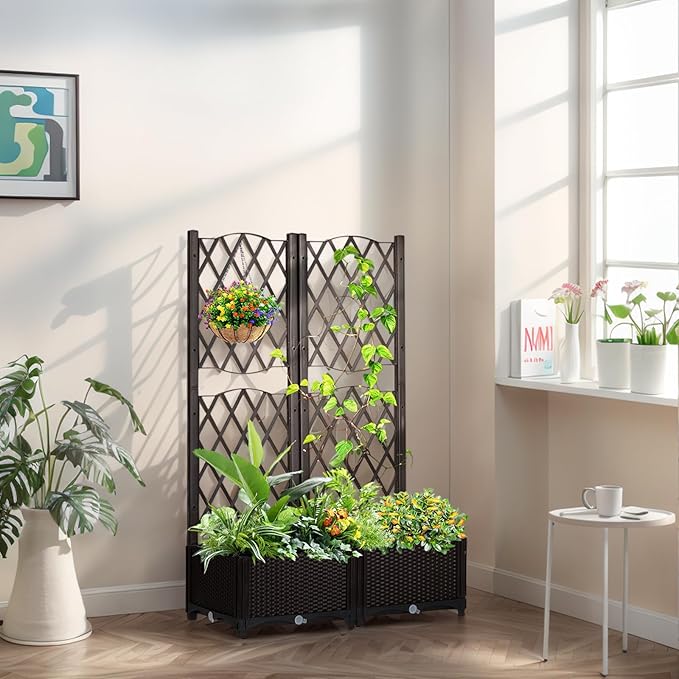 Outvita 31" x 16" x 48" Raised Garden Bed with Trellis ＆ Drainage Holes, Free-Standing Trellis Planter Box, Outdoor Floor Plant Bed for Vine Climbing Plants and Flowers in Garden Patio Balcony(Brown)