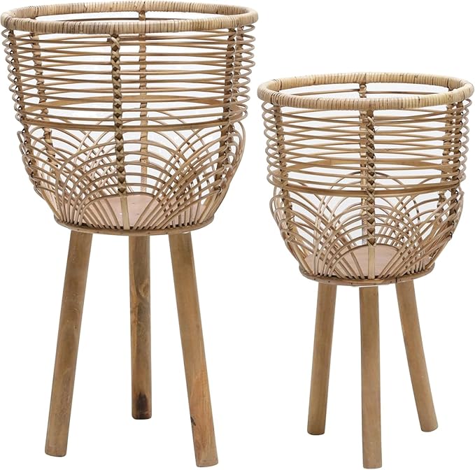 Set of 2 Rattan Planters with Wooden Stands – Boho Home Decor Woven Plant Pots with Natural Rustic Style – Indoor & Outdoor Floor Planters for Living Room, Bedroom, or Garden – 18" & 22", Brown