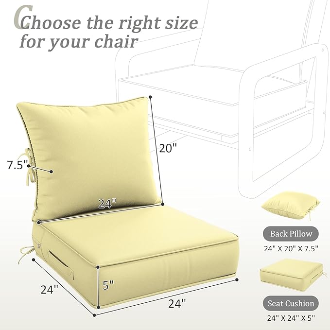 Outdoor Patio Chair Cushions Set 24 L X 24 W X 5 H Waterproof & Fade Resistant Deep Seat and Back Cushions with Removable Covers Outdoor Seat Cushion Set for Chairs and Sofas
