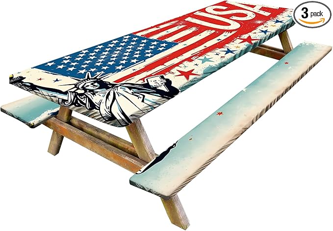Patriotic USA Picnic Table Cover with Bench Covers Set of 3 - American Flag and Butterfly Pattern, Elastic Fitted Tablecloth for 6 Ft Tables, Washable Polyester Cover for Patio, Indoor & Outdoor