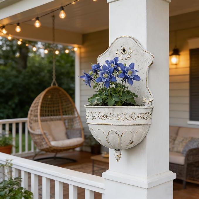 Vintage Distressed White Metal Wall Planter, Rustic Hanging Pocket Planter with Scrollwork & Scalloped Design, Farmhouse Wall Decor for Indoor & Covered Outdoor Garden, Porch & Entryway