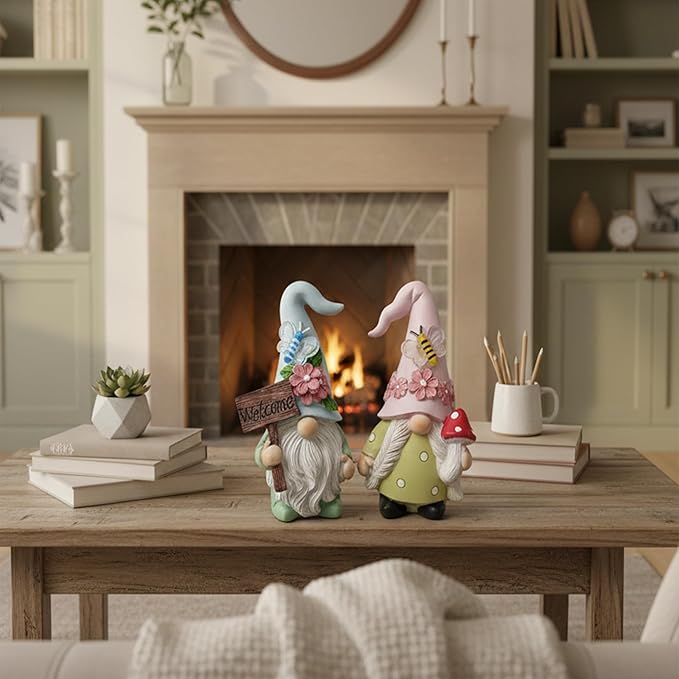 Cute 2 PCS Gnomes Statues Decor, Resin Figurines and Sculpture Décor, for Indoor Outdoor Yard Lawn Garden Home Patio Farmhouse Kitchen Table Decoration(Welcome Sign and Mushroom)