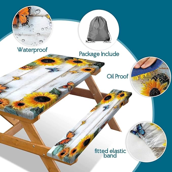 Picnic Table Cover with Bench Cover, Outdoor Patio Camping Essentials Farmhouse Sunflower Table Covers with Elastic Waterproof Camping Tablecloth with Drawstring Bag, 72In 3PCS