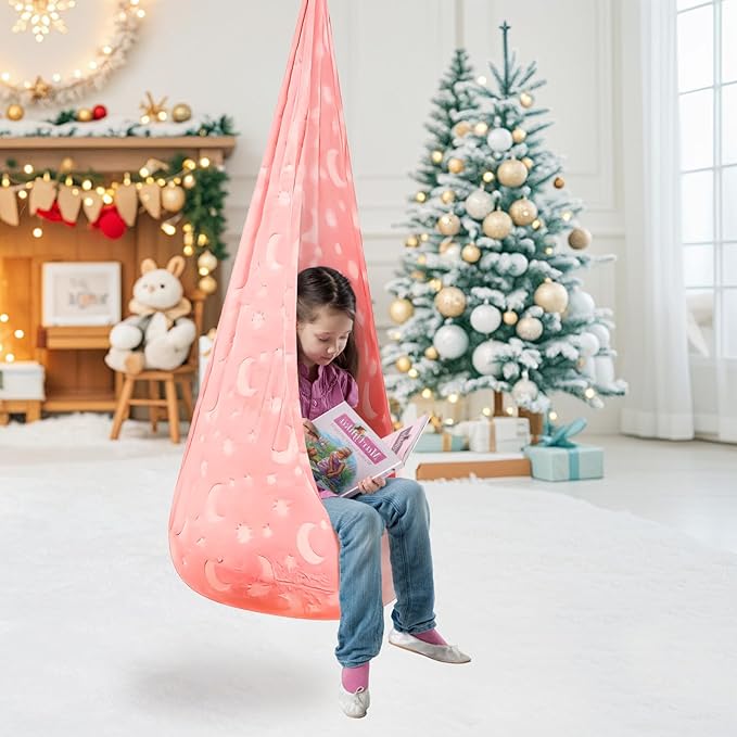Kids Pod Swing Seat, Flannel Sensory Swing Chair Nightglow with PVC Inflatable Cushion, Hanging Hammock Chair for Indoor＆Outdoor Use (Pink (Starry Sky))