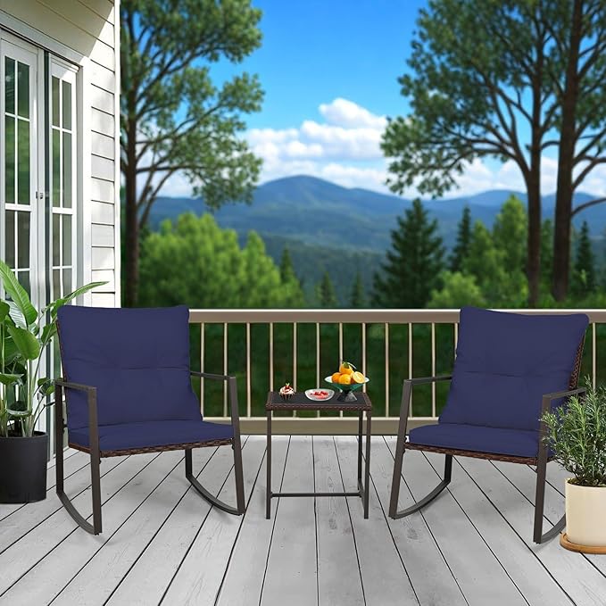 SUNCROWN 3 Piece Outdoor Rocking Bistro Set Brown Wicker Furniture Porch Chairs Conversation Sets with Glass Coffee Table, Dark Blue