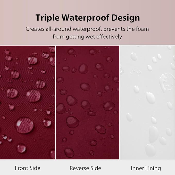 Waterproof Outdoor Chair Cushions 22x22, Memory Foam Outdoor Cushions for Patio Furniture with Removable Cover, Deep Seat Cushions for Outdoor Furniture with Ties and Handle, Burgundy