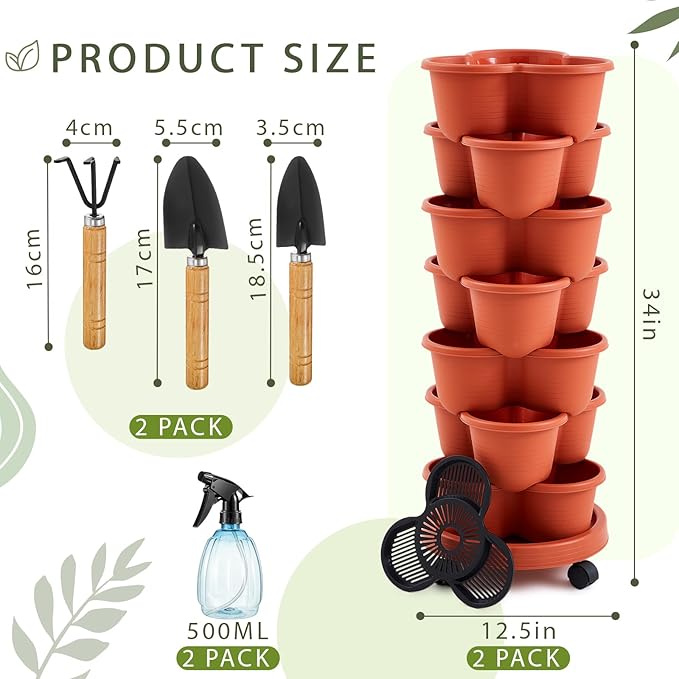 Umigy 2 Set of 7 Tier Stackable Vertical Planters with Removable Wheels and Tools Tower Planters Strawberry Herb Flower Vegetable Pots Indoor Outdoor Gardening Pots(Clay Red)