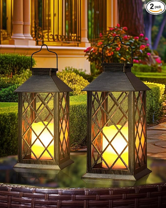Otdair Solar Lanterns Outdoor Waterproof, 2 Pack 14" Solar Lantern with Glass Retro LED Flickering Flameless Candle,Lanterns Decorative Outdoor for Gift, Yard, Garden, Patio, Balcony,Porch, Party