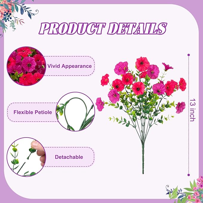 Artificial Flowers for Outdoors, 12 Bundles Fake Plastic Flower Plant, Faux Colorful Silk Morning Glory Eucalyptus for Spring Summer Outside Garden Porch Front Door Decor, Hot Pink Purple