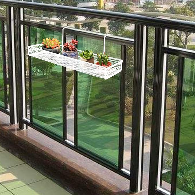 Chris.W Iron Hanging Shelf Basket with Hooks Balcony Succulent Plants Mini Flower Pot Holder Railing Shelf, for Patio Porch or Fence (White)-Small