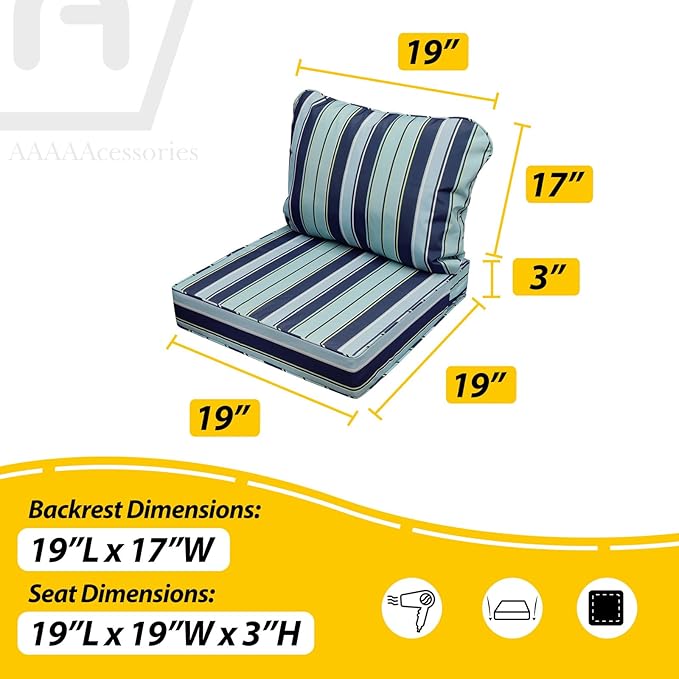 AAAAAcessories Outdoor Seat Cushions for Chairs, Fade-Resistant, Waterproof Patio Furniture Replacement Cushions, 19" x 19" x 3" + 19" x 17", Ash Teal Seaside Stripe