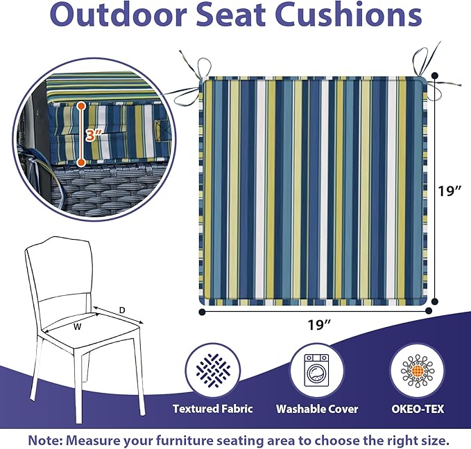 Outdoor Chair Cushions Set of 4,Waterproof Outdoor Seat Cushions for Patio Furniture,Patio Chair Cushion with Handle and Ties, Out Door Chair Pads,19" x 19" x 3", Blue Stripe