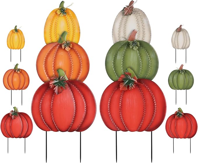 PHITRIC Fall Decorations Outdoor, 34" 2PCS Decorative Garden Stakes with 6 Pumpkins for Fall Decor, Metal Yard Signs for Home Outside Garden Yard Lawn Patio, Thanksgiving Decorations