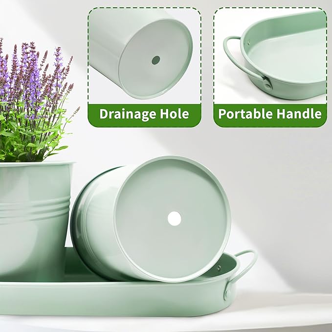 Metal Herb Garden Planter Set with Tray, 3-Pack Green Zinc-Coated Windowsill Plant Pots with Drainage Holes & Handles for Indoor Outdoor Kitchen Garden