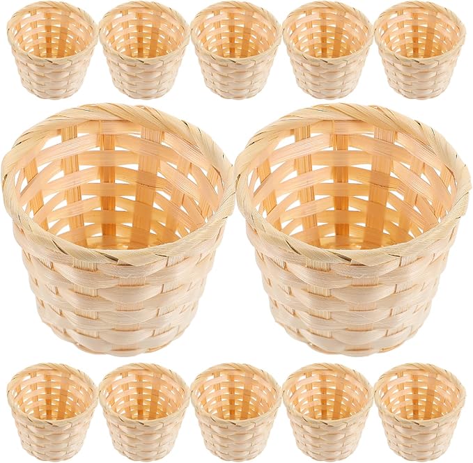 Kisangel 12Pcs Mini Woven Basket Miniature Flower Basket Dollhouse Picnic Tiny Party Favor Container Farmhouse Decor for Fairy Garden Accessory
