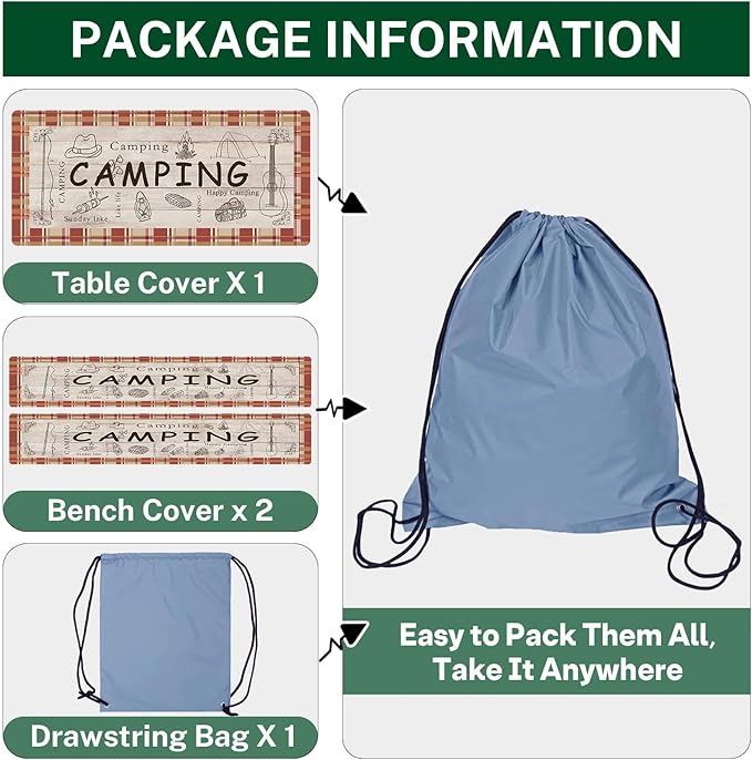 Picnic Table Cover with Bench Covers Elastic Edges, Red Camper Fitted Table Cover, Outdoor Patio Camping Essentials 72 Inch 3PCS, Waterproof Camping Fitted Tablecloth with Drawstring Bag