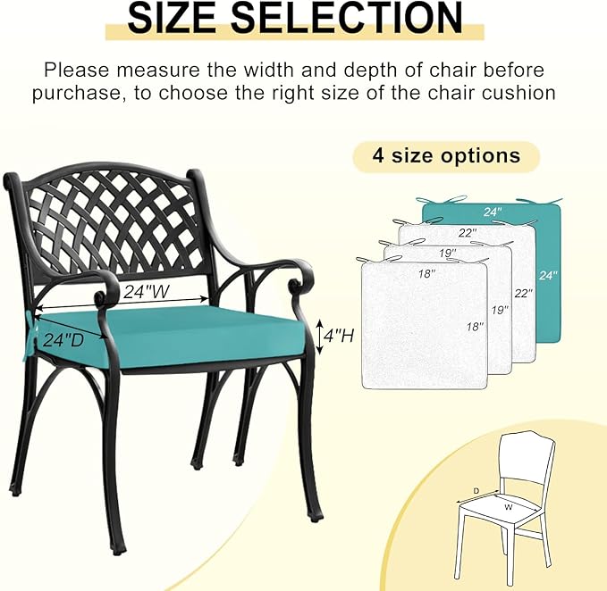 downluxe Waterproof Outdoor Chair Cushions for Patio Furniture, 24" x 24" x 4" Patio Chair Cushion with Adjustable Ties & Portable Handle, Square Outdoor Cushion with Removable Cover, Teal, 2 Pack