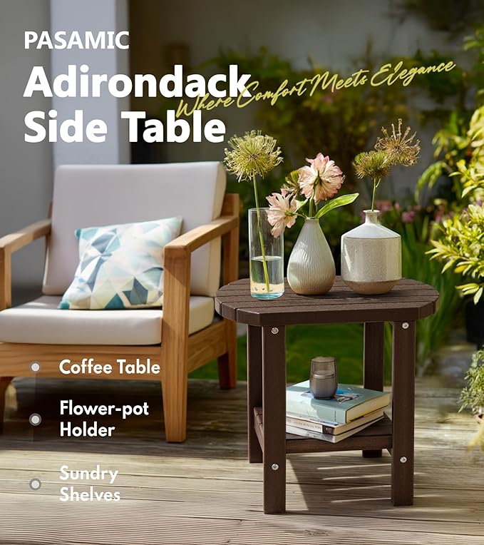 PASAMIC 2-Tier Adirondack Oval Outdoor Side Table, HDPE Small Outdoor Table, Patio End Table for Patio, Backyard, Weather-Resistant (Brown)
