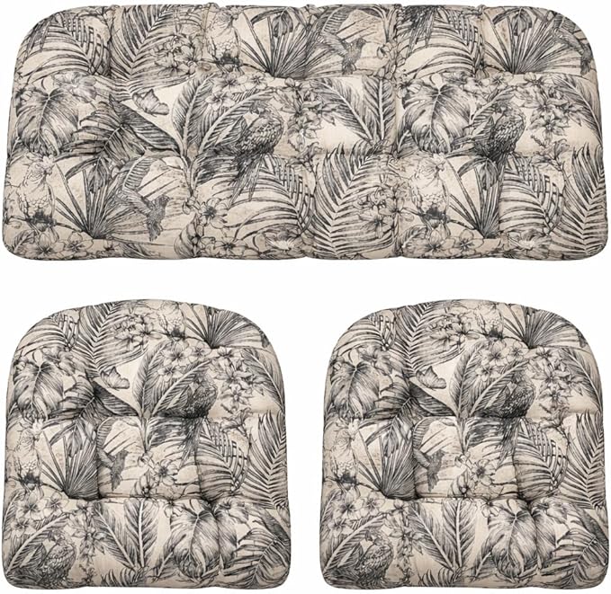RSH DECOR: 3-Piece Wicker Tufted Cushion Set | 44" x 22" Loveseat & 22" x 22" U-Shapes | Outdoor Replacement Cushions | Water & Fade-Resistant Spun Fabric | Made in USA (Wilshire Ebony)